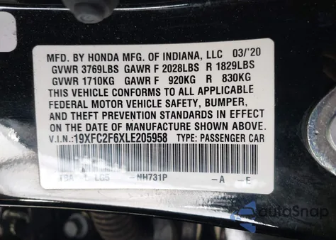 2020 Honda Civic Lx из США, поврежденный, VIN 19XFC2F6XLE205958